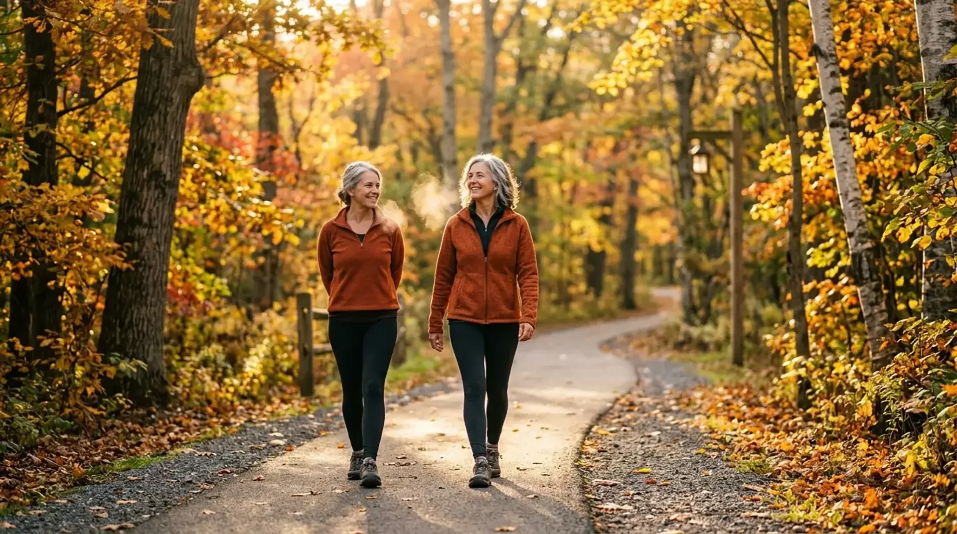 women walking in a New York park during autumn with golden leaves on the trees