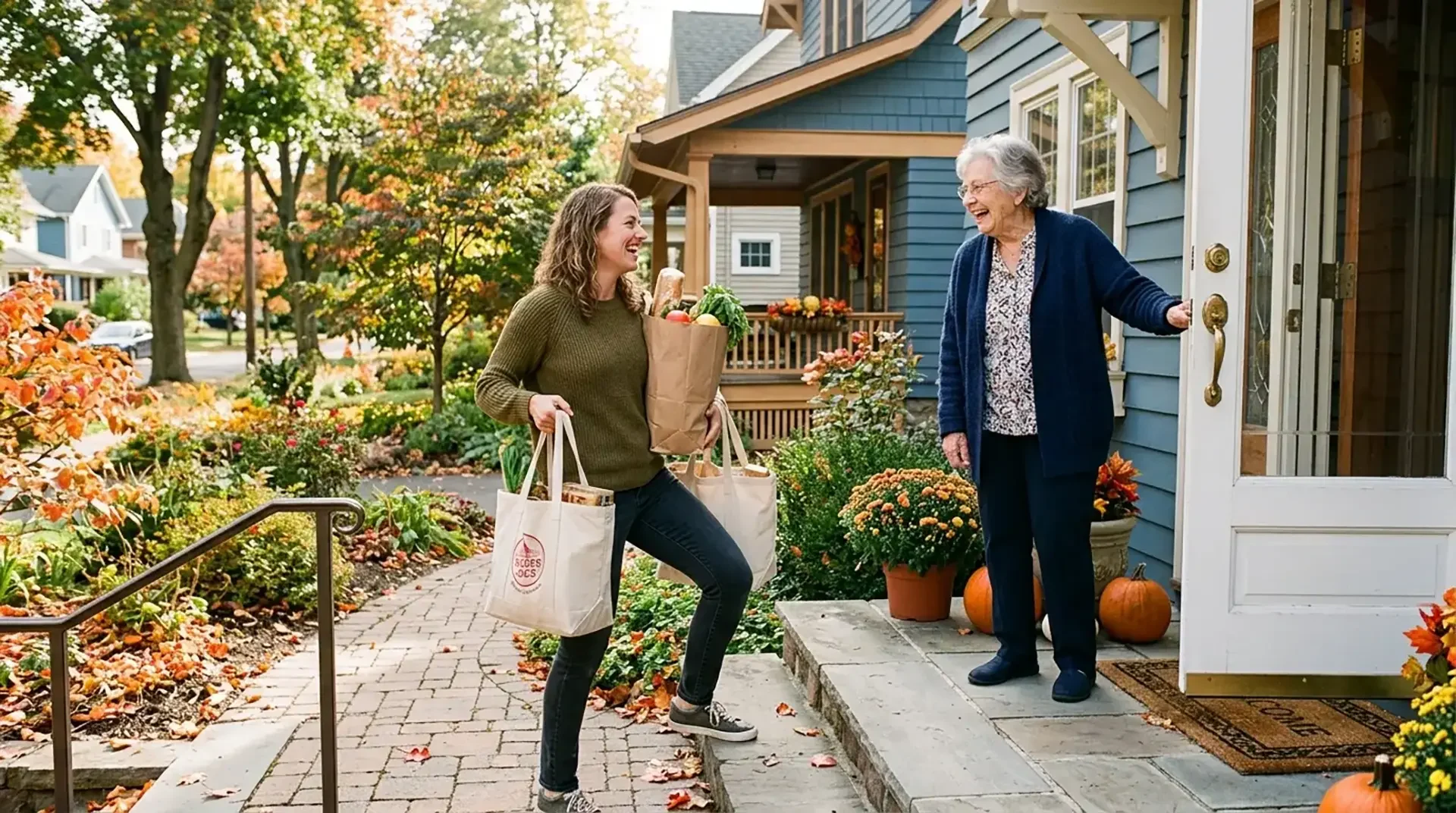 A cheerful companion in her 30s carrying grocery bags up a front walk alongside an older woman in her 80s who holds the door open