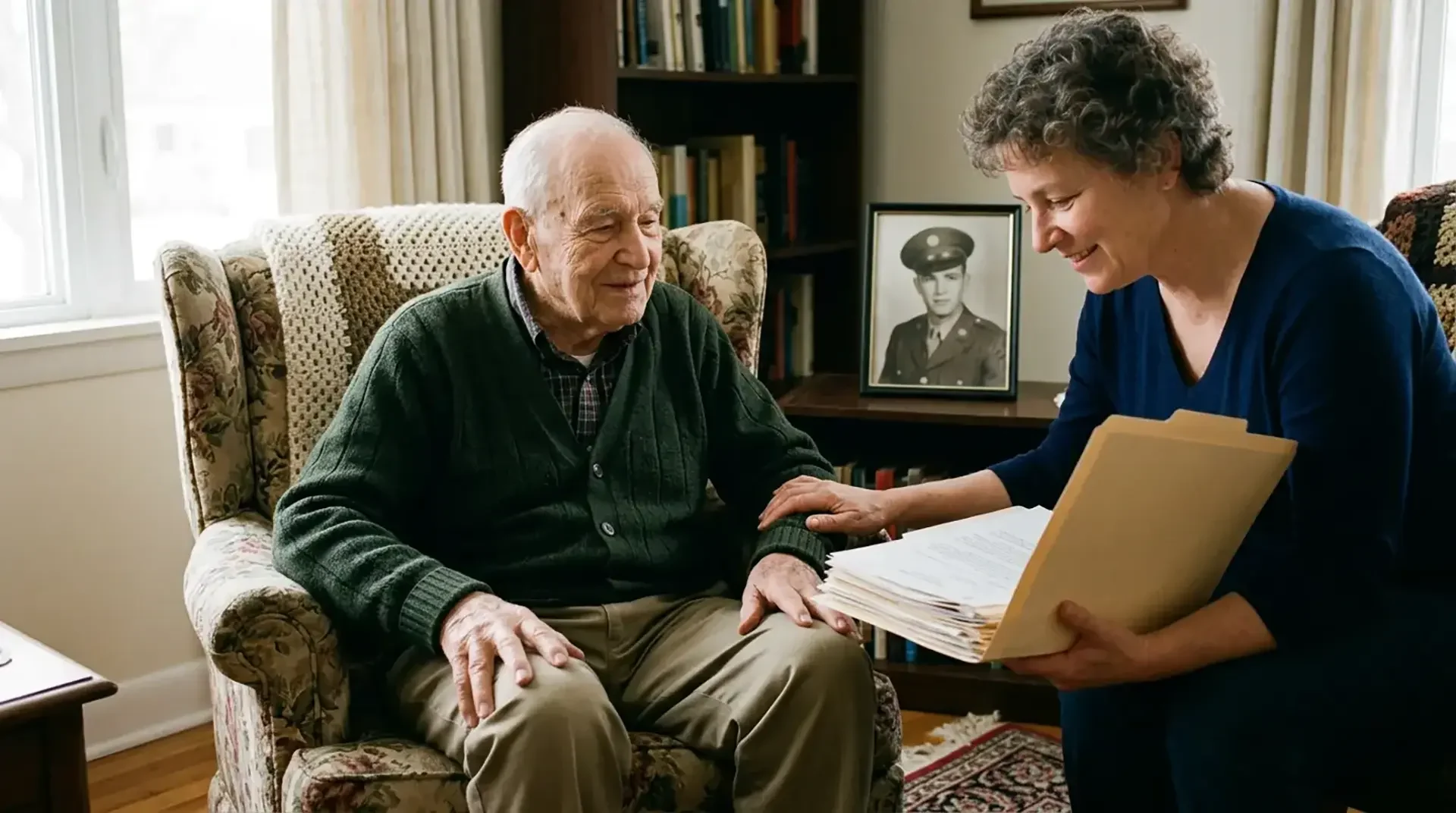 elderly veteran sitting in his favorite armchair talking to his daughter