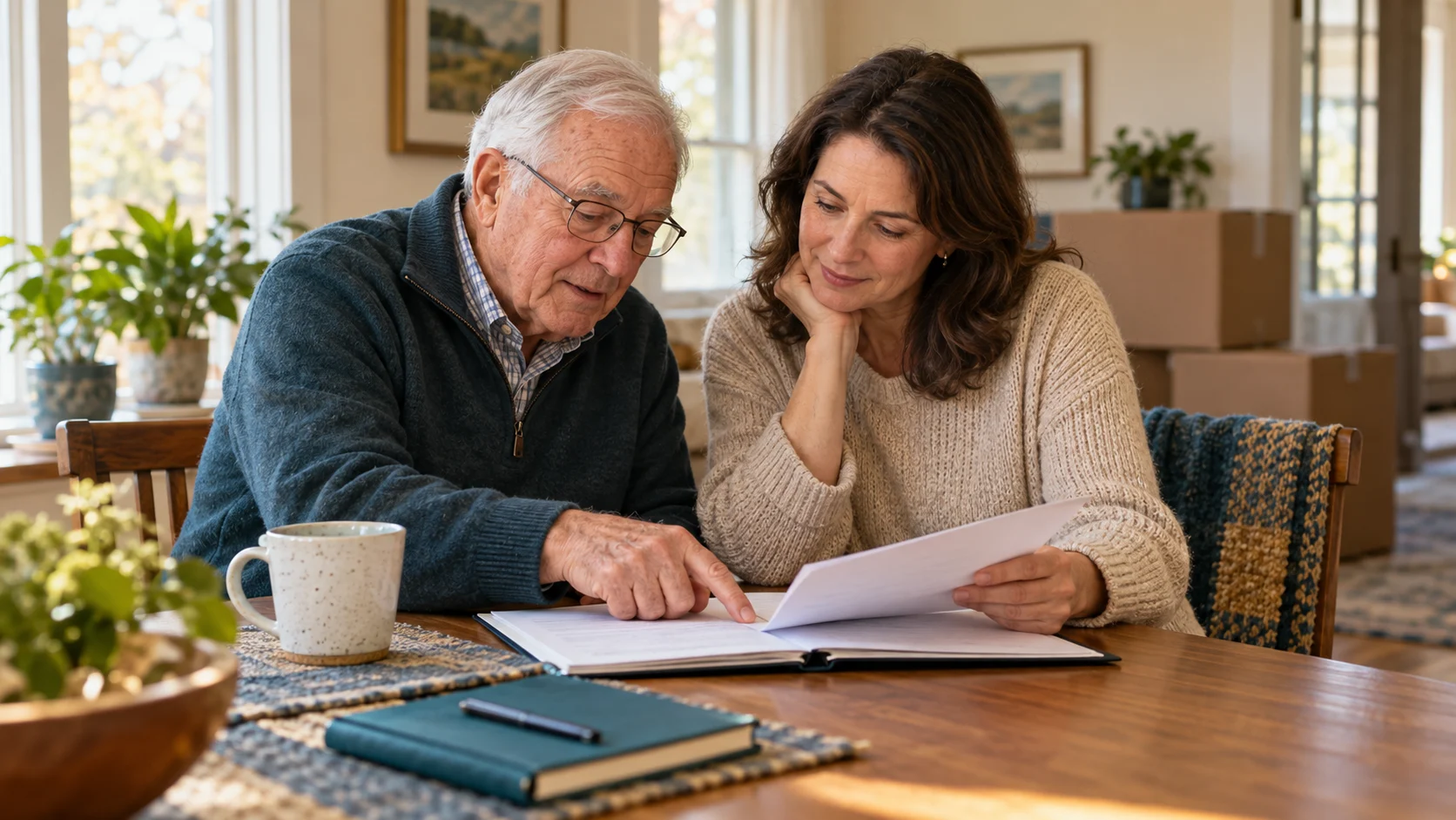 An older father and his daughter organize care records before a move.