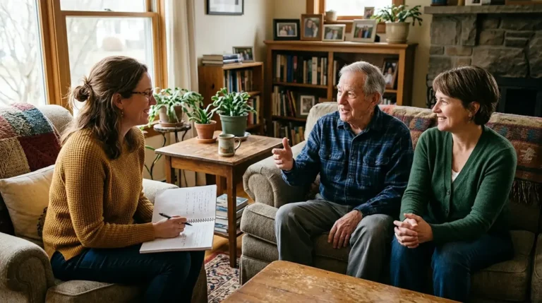 caregiver and elderly parent speaking with a care manager about a senior care plan