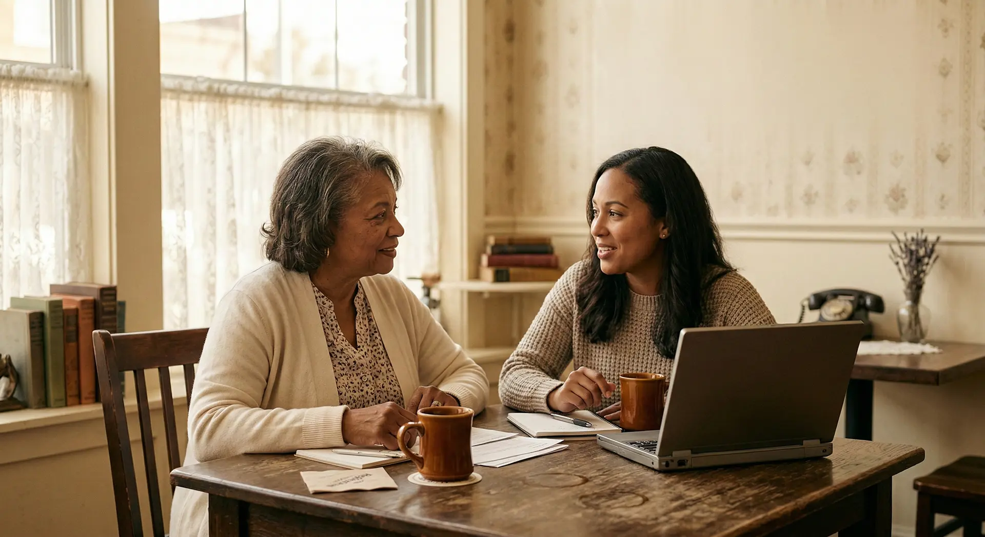 caregiver and elderly woman sitting at a table with coffee and laptop discussing care plan