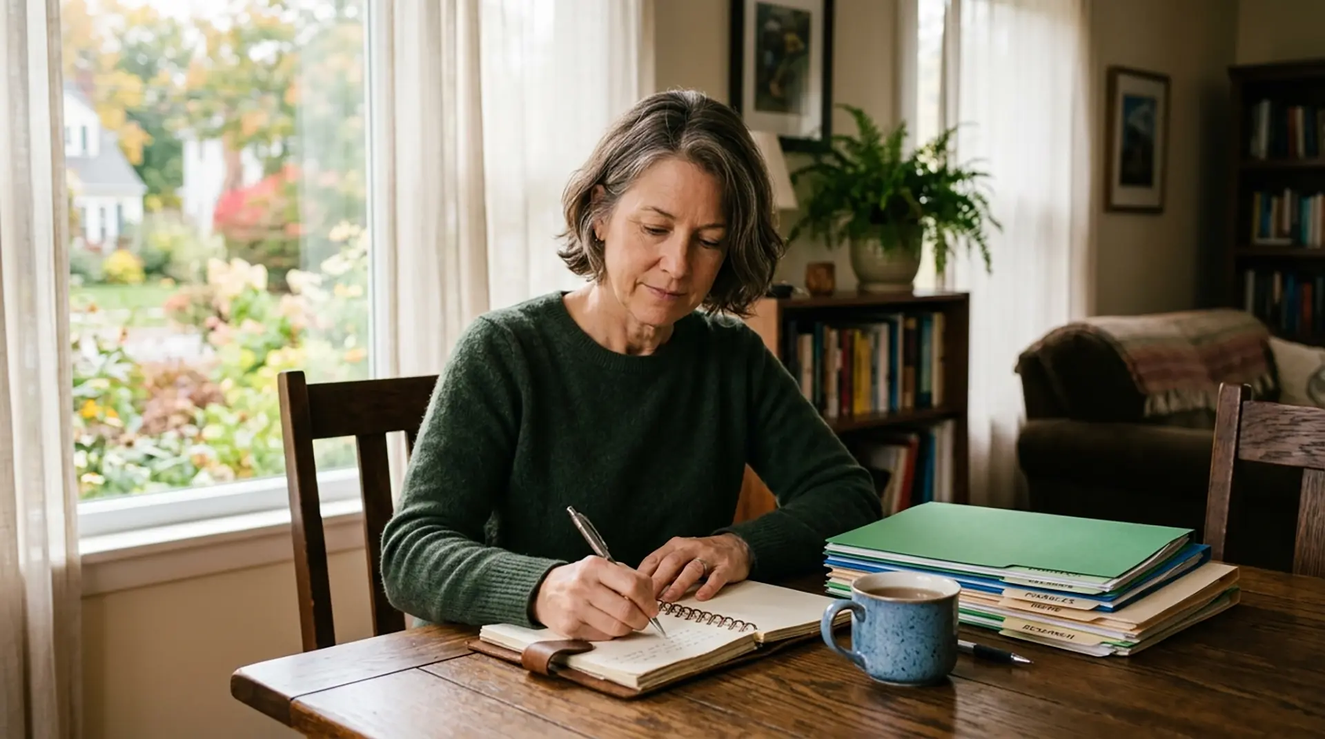 caregiver sitting at a table working on a senior care checklist