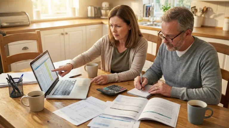 caregivers going over a budget and caregiving plans together at a table