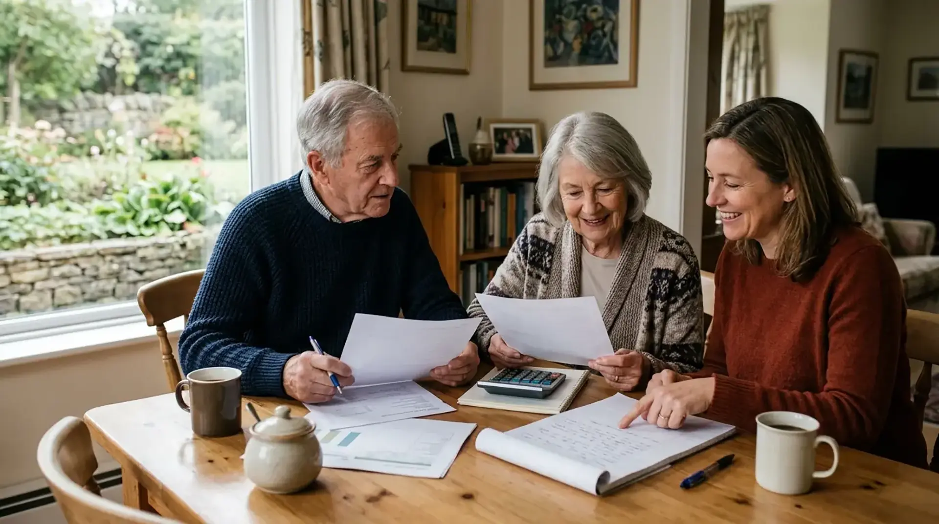 daughter discussing senior care plan costs with elderly parents
