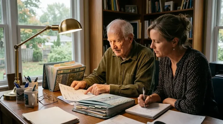 daughter organizing senior care plan finances with elderly father