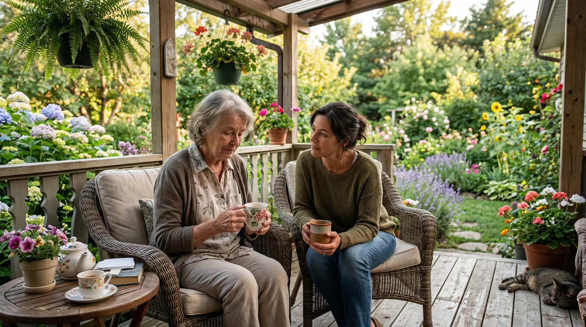 daughter talking to her elderly mother about caregiving plans over coffee on an outdoor patio