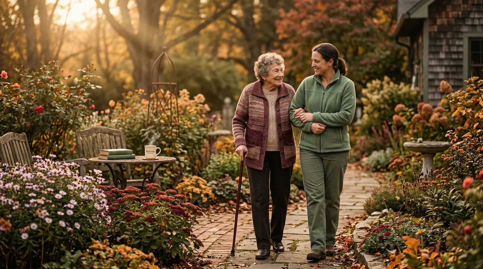 daughter walking with her elderly mother in a park lit by sunset