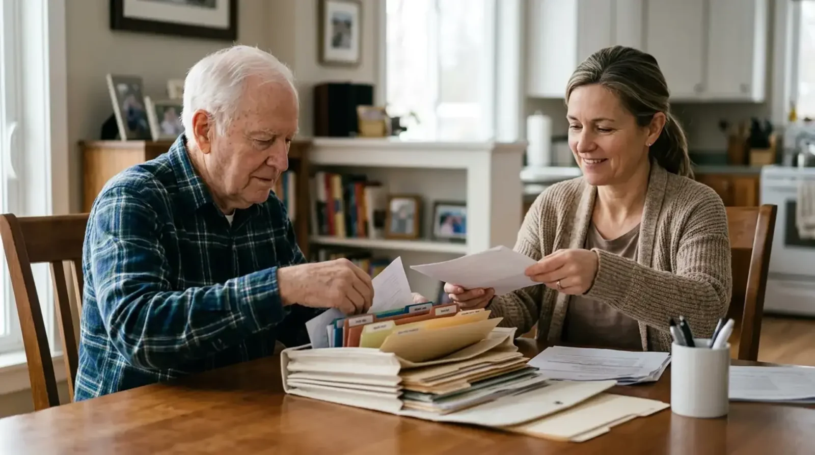 elderly father sorting through documents with his daughter
