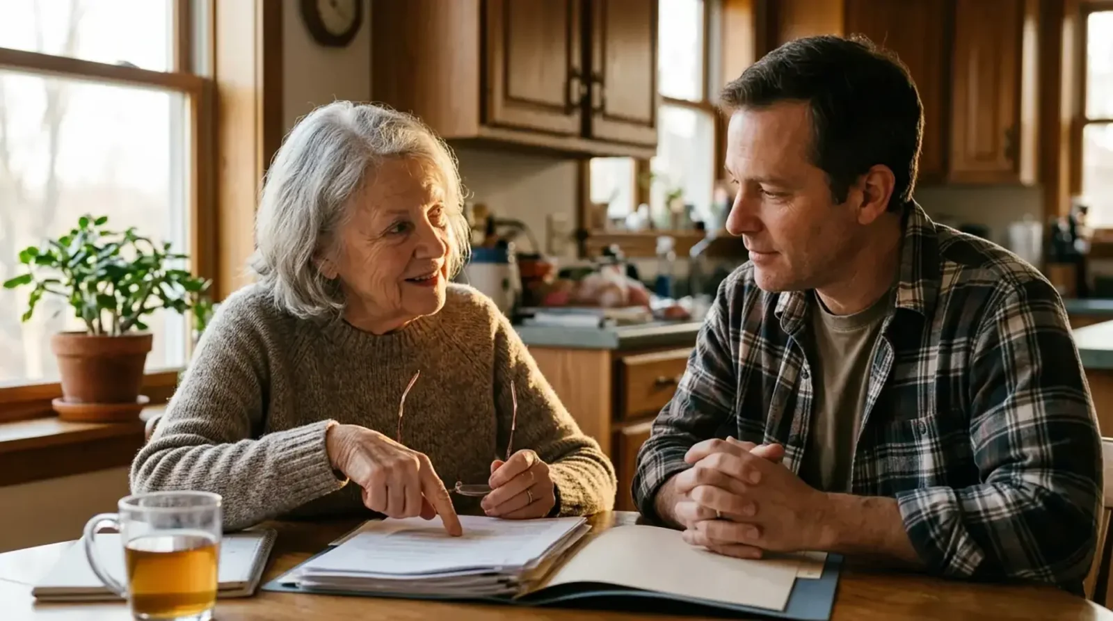 elderly mother speaking to her son about long term care insurance plans