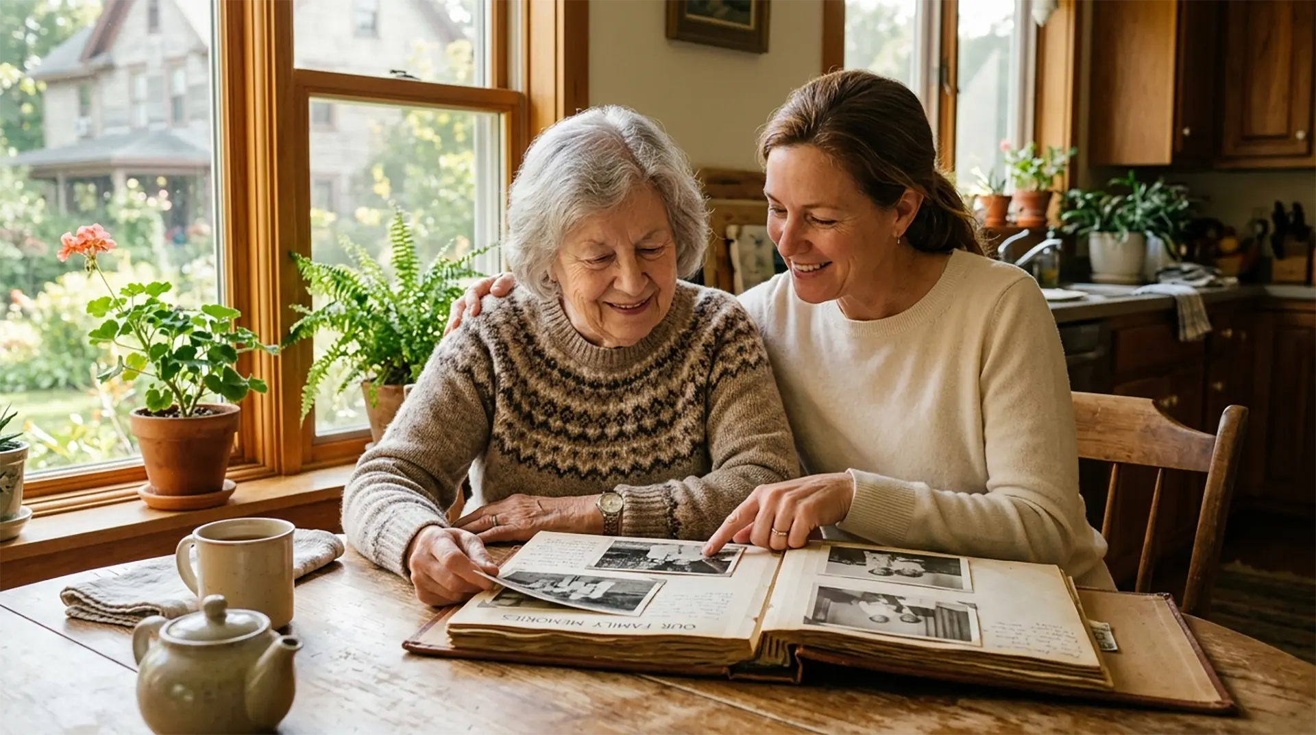 elderly woman and her daughter looking at old photos together at the kitchen table
