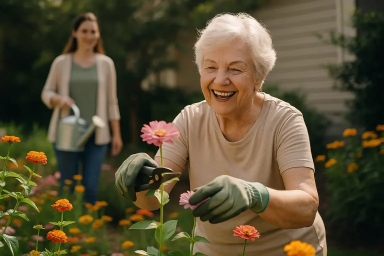 An elderly woman joyfully gardening with vibrant flowers around her, with a caregiver providing gentle support in the background, illustrating true independence through strategic support.