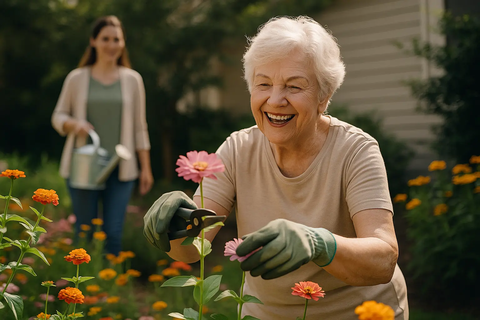 An elderly woman joyfully gardening with vibrant flowers around her, with a caregiver providing gentle support in the background, illustrating true independence through strategic support.