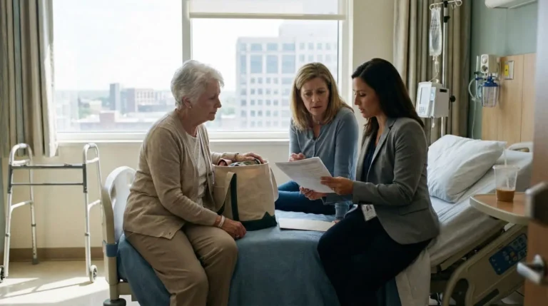 family looking over hospital discharge instructions in a hospital room