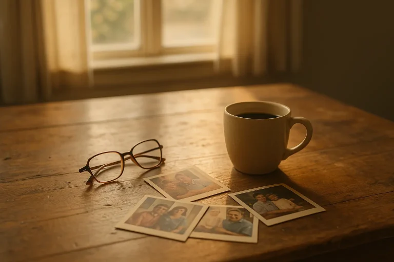 A well-loved kitchen table bathed in natural light, representing decades of family memories and the meaning of home.