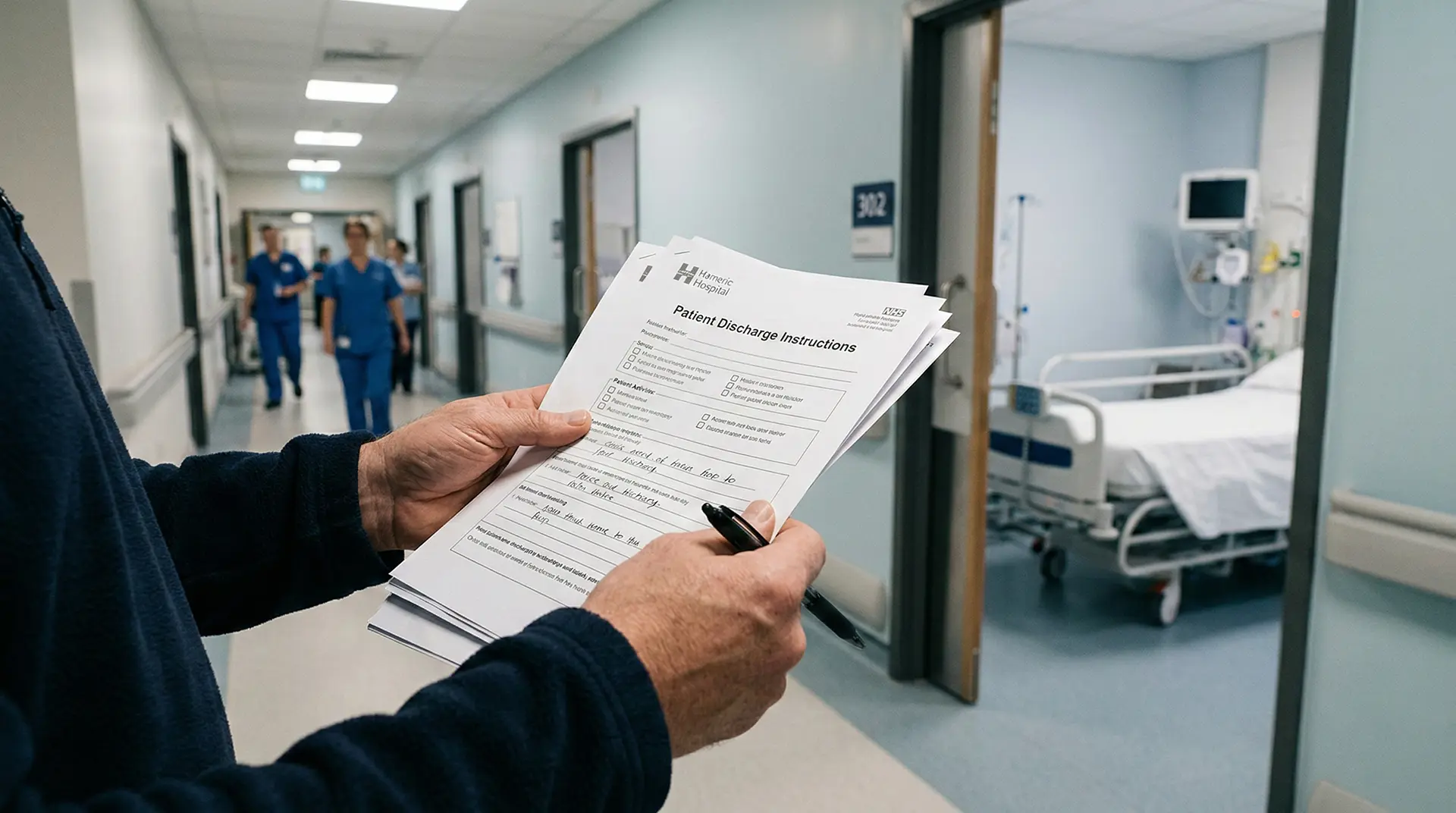 man holding hospital discharge paperwork and instructions