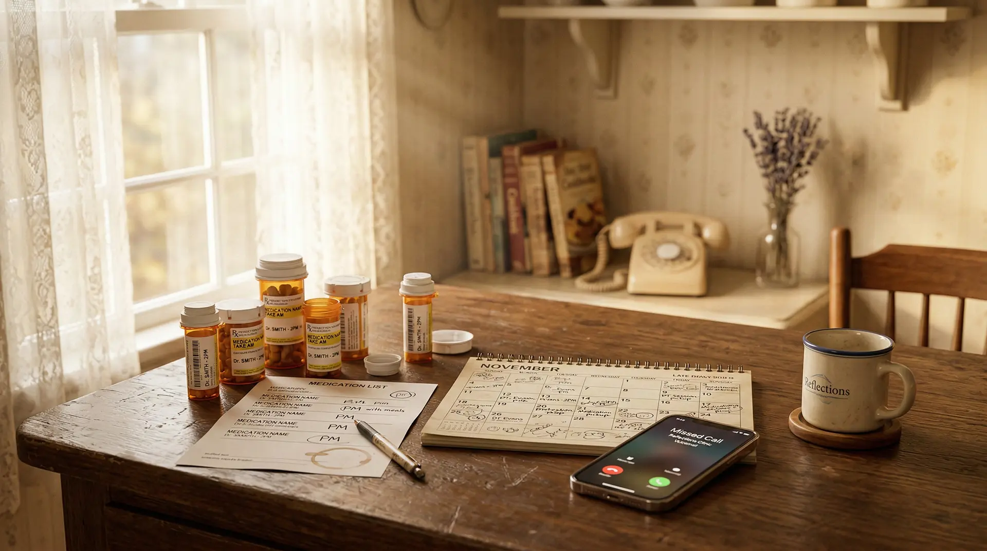 medications and phone with missed call sitting on a table