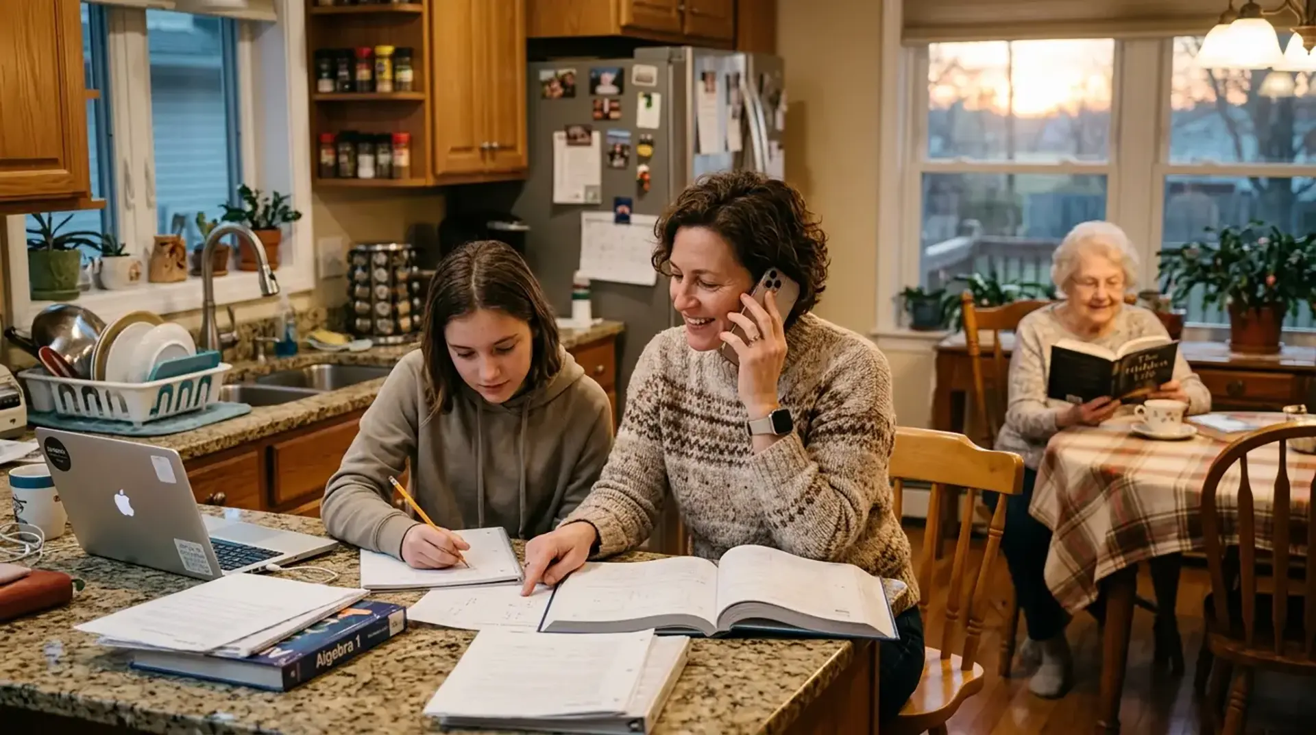 mother helping child with homework with elderly grandparent reading a book in the kitchen
