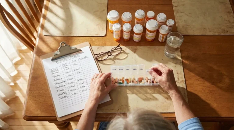 person with medication schedule on a clipboard with prescription bottles on a table