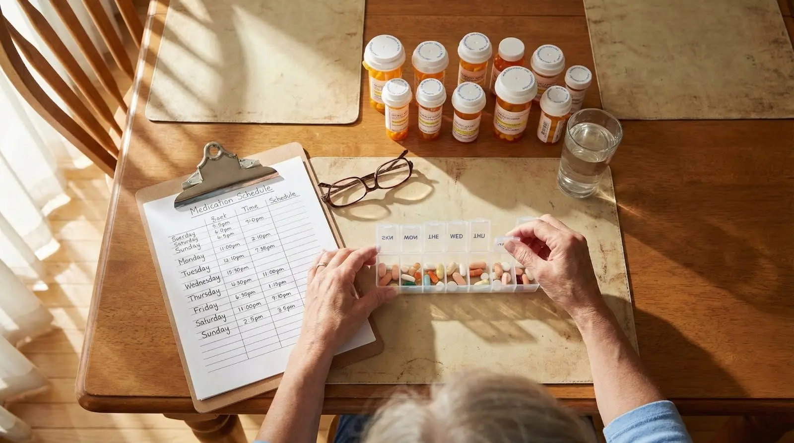 person with medication schedule on a clipboard with prescription bottles on a table