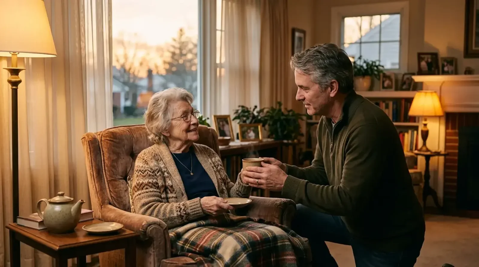 son handing elderly mother a cup of coffee with sunset in the window