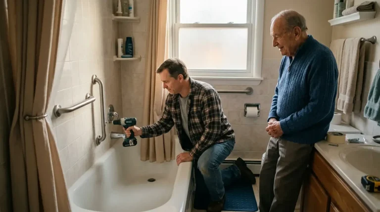 son installing senior care safety equipment in a bathroom while his elderly father watches