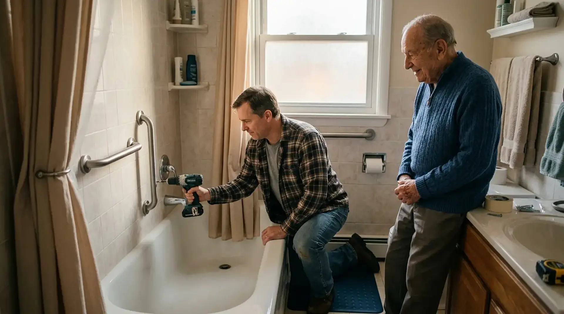 son installing senior care safety equipment in a bathroom while his elderly father watches