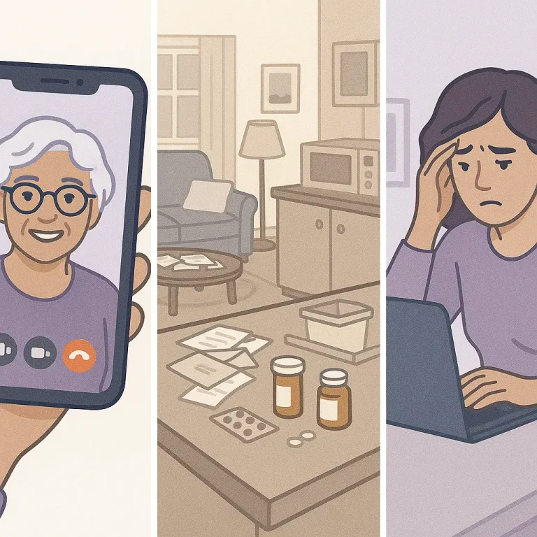 Three-panel illustration showing different family perspectives of the same situation: a cheerful video call, the reality of in-person visits, and the stress of long-distance caregiving.