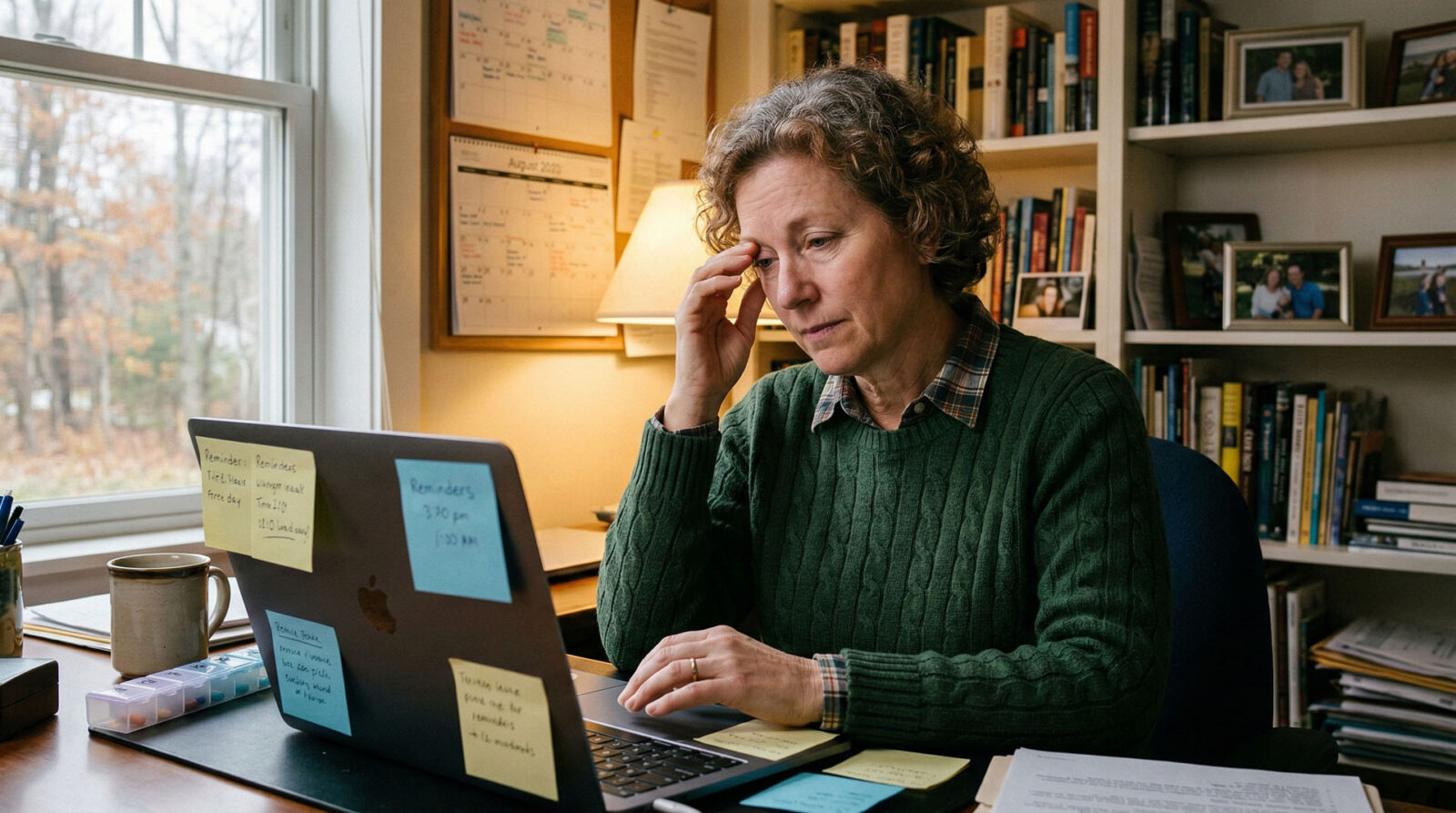 tired woman rubbing her forehead while looking at elder care plans on a laptop
