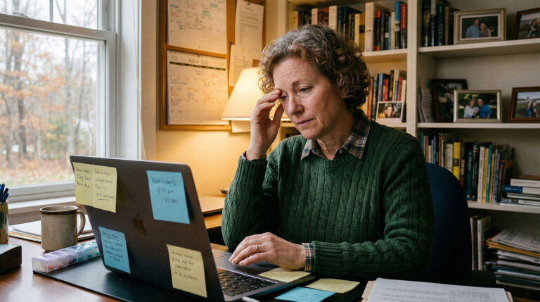 tired woman rubbing her forehead while looking at elder care plans on a laptop