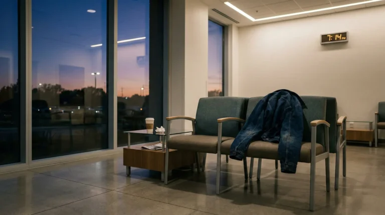 waiting room with empty chairs and a jacket draped over a chair