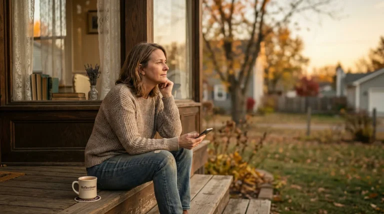 woman sitting on steps with coffee and phone
