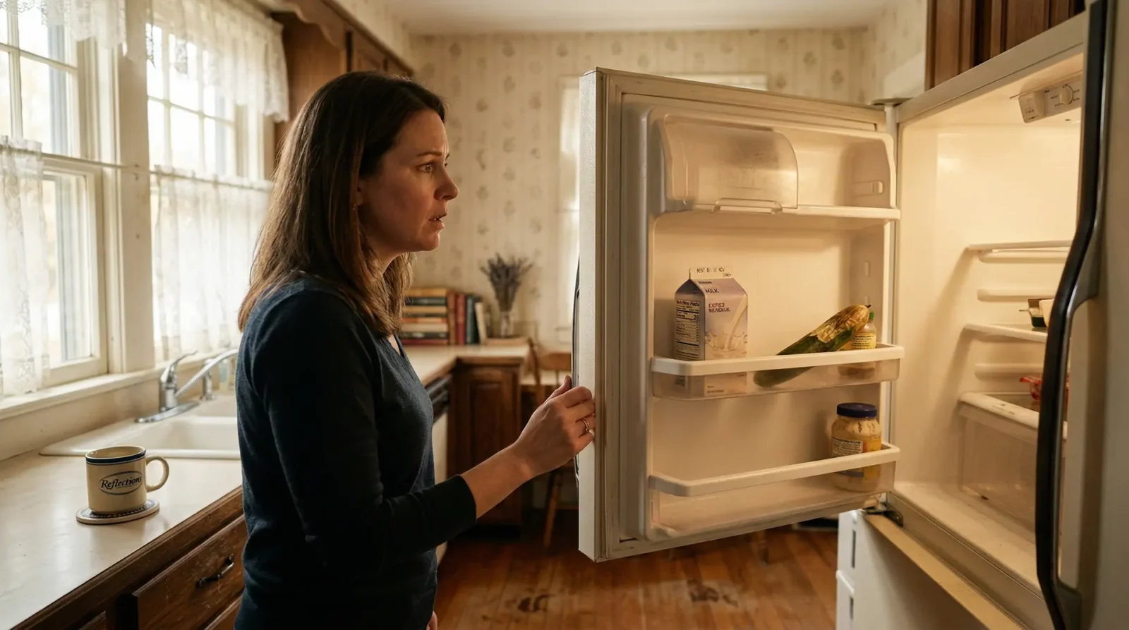 worried daughter looking in elderly parents' refrigerator