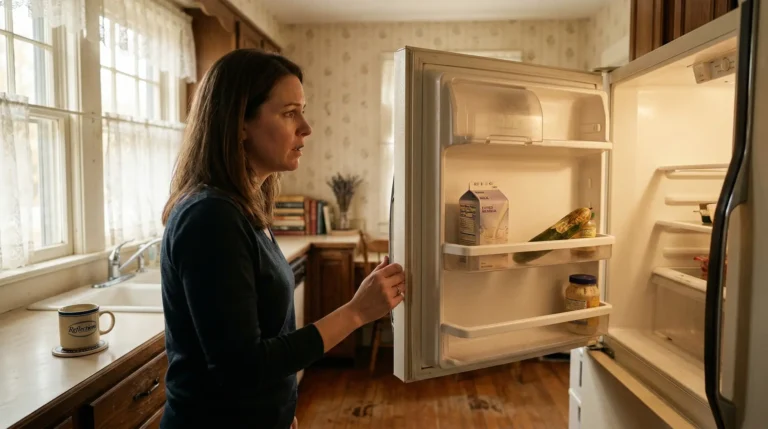 worried daughter looking in elderly parents' refrigerator
