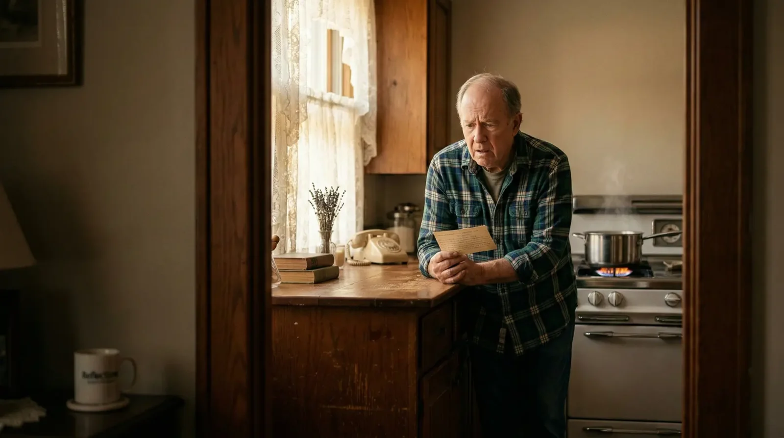 worried elderly man holding a card