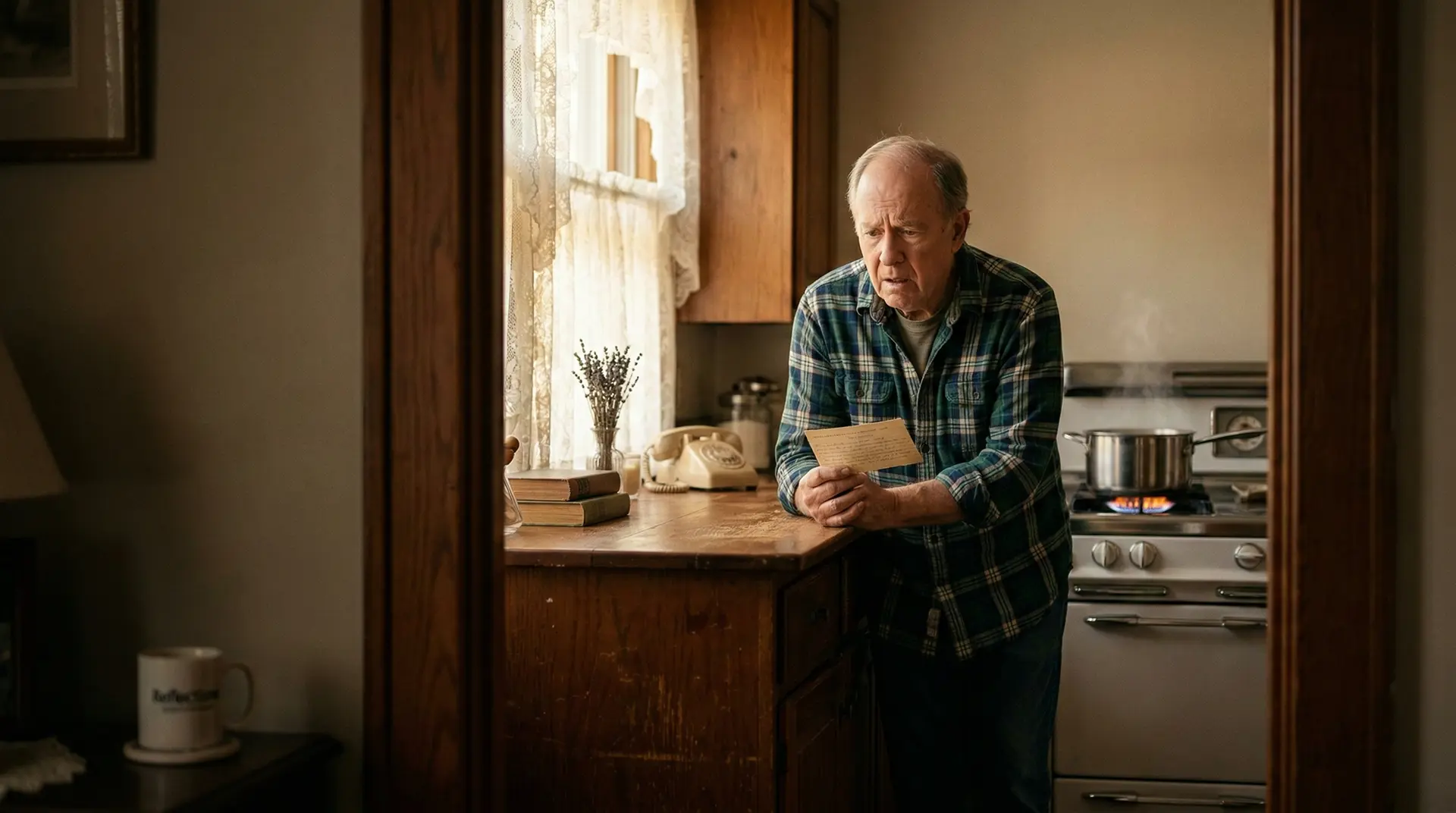 worried elderly man holding a card