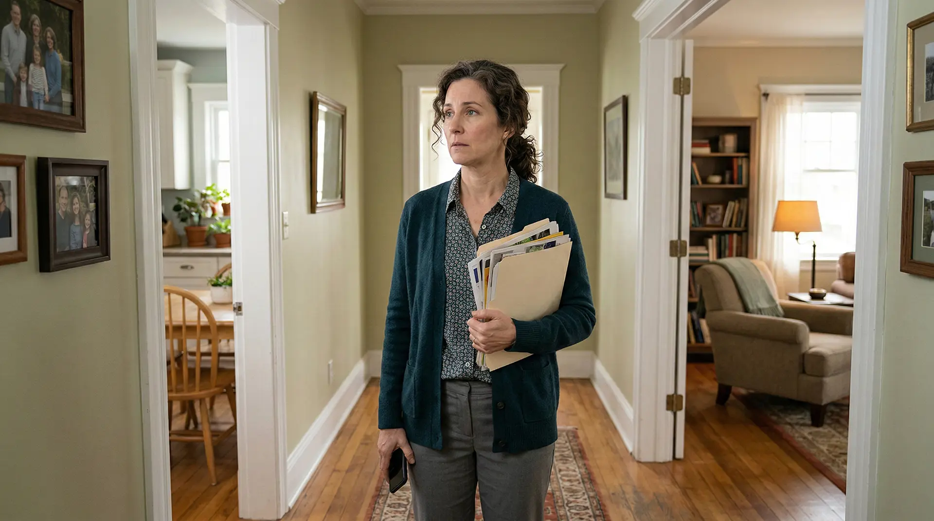 worried woman with arm full of caregiver files