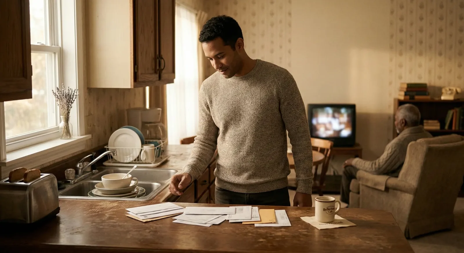 young man looking at bills with elderly father in the background