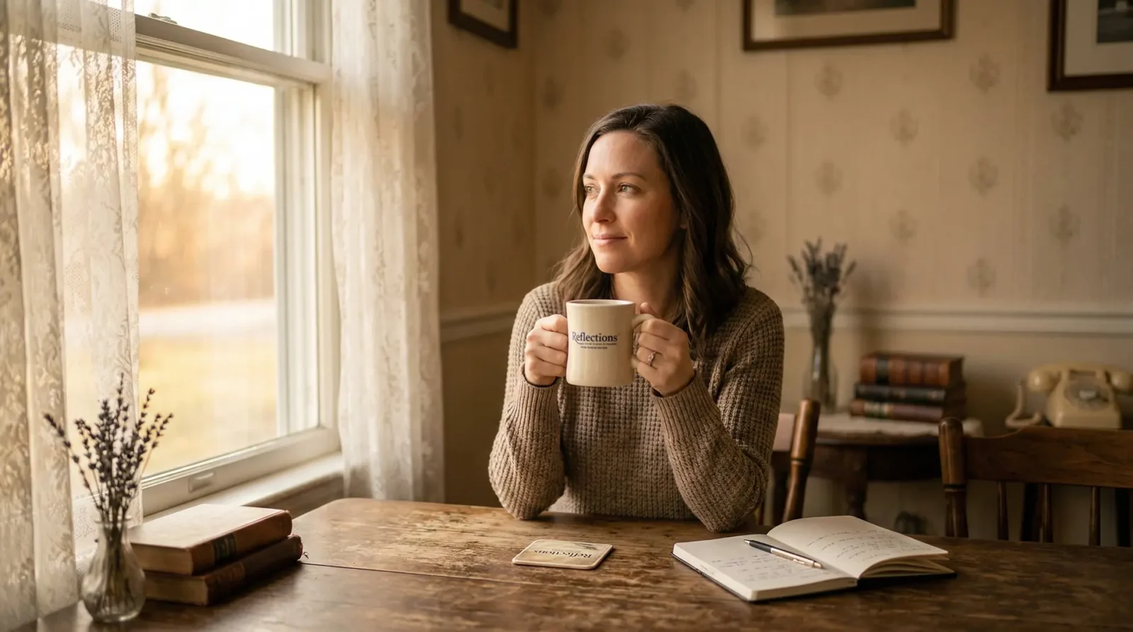young woman drinking coffee at kitchen table while staring out the window at a warm sunset