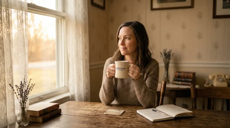 young woman drinking coffee at kitchen table while staring out the window at a warm sunset