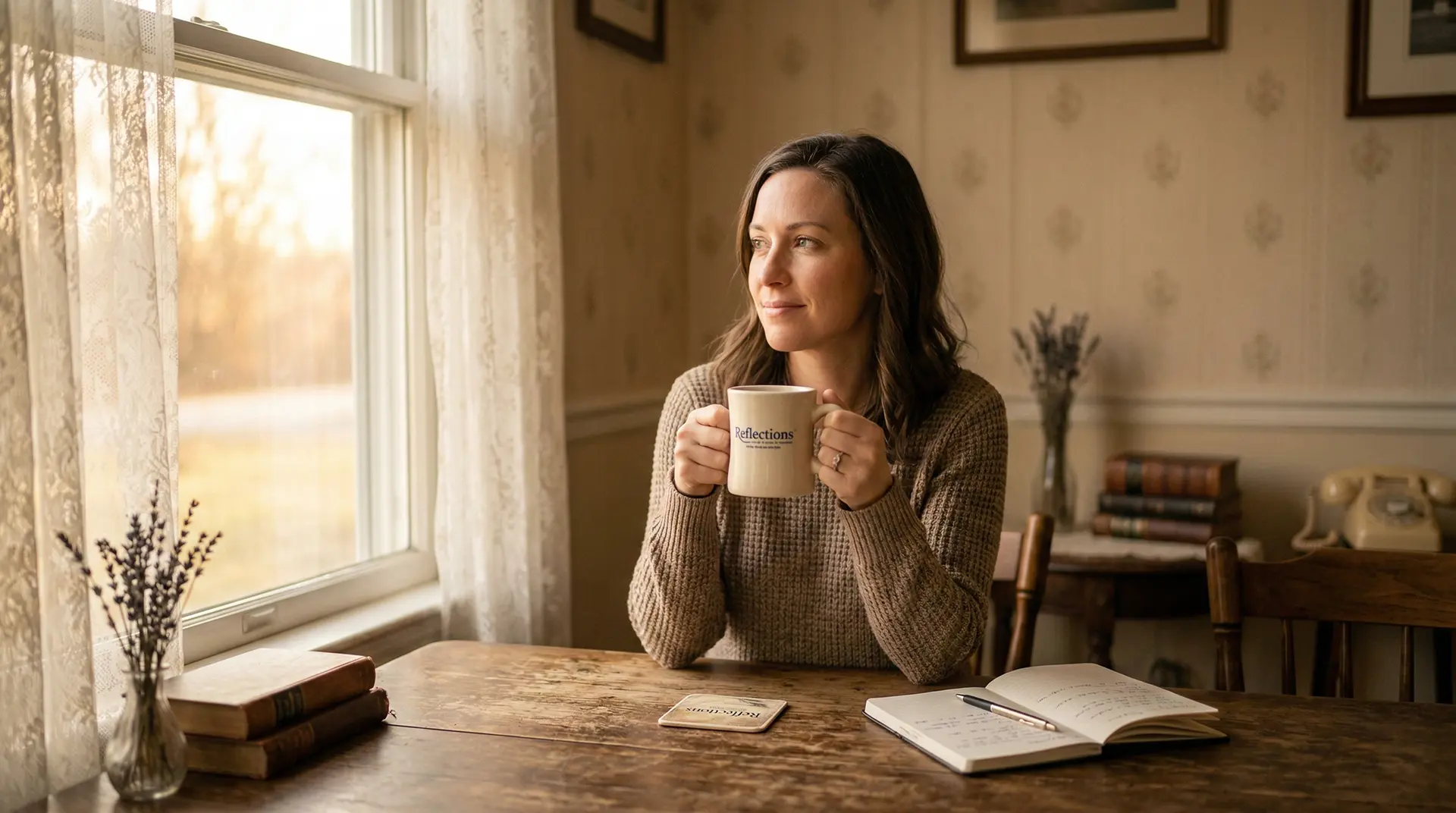 young woman drinking coffee at kitchen table while staring out the window at a warm sunset